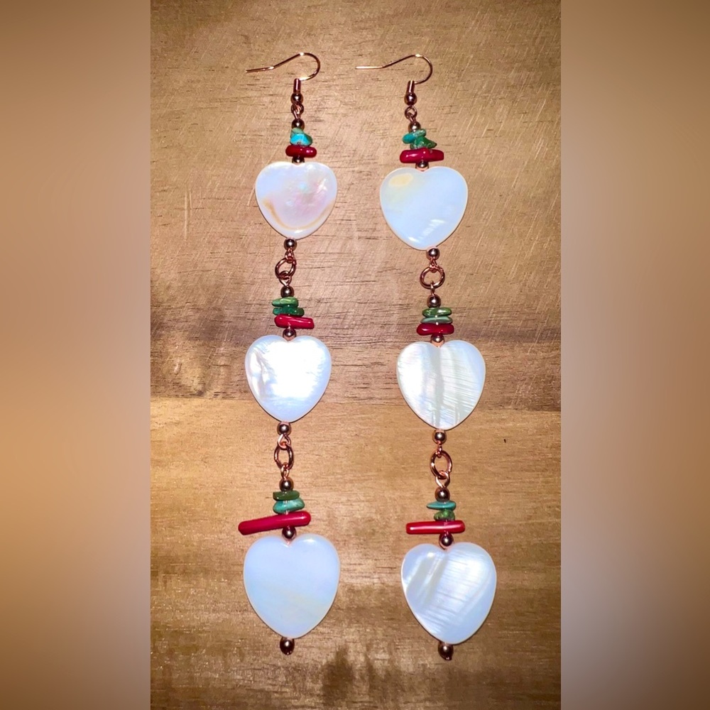 Handmade 5 1/2” heart shaped shell combined with turqoise and bamboo coral chips